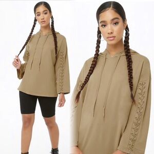 Hooded lace up detail sleeves sweatshirt in light olive